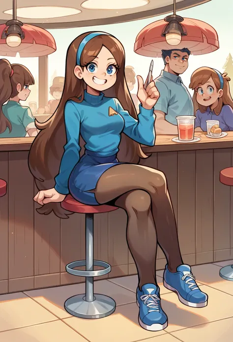 Girl, Mabel pains, gravity falls, reverse falls, reverse mabel, brown hair, long hair, blue shirt, tights, blue skirt, short skirt, blue shoes, blue eyes, blue bezel in hair, confident smile, arrogant look, sitting in a cafe, view down 