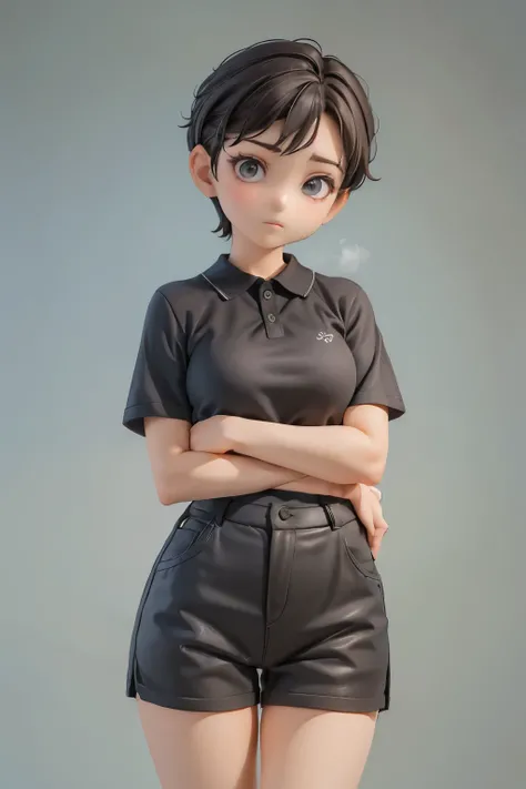 17 year old girl, dark brown hair、short hair to shoulder level、slightly wavy hair、calm appearance、sweater、black shirt、jean shorts polo camisa、Clothing pattern、Clothing design、whole body、
