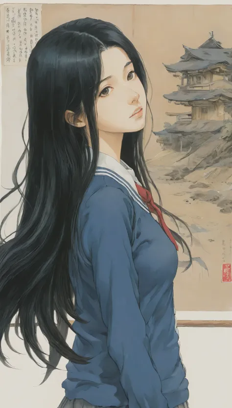 Naoki Urasawa、Beautiful girl、Highest quality、masterpiece、Ultra high definition、Japanese、Jersey、high school girl、Long Hair、Black Hair、Japanese painting、8k