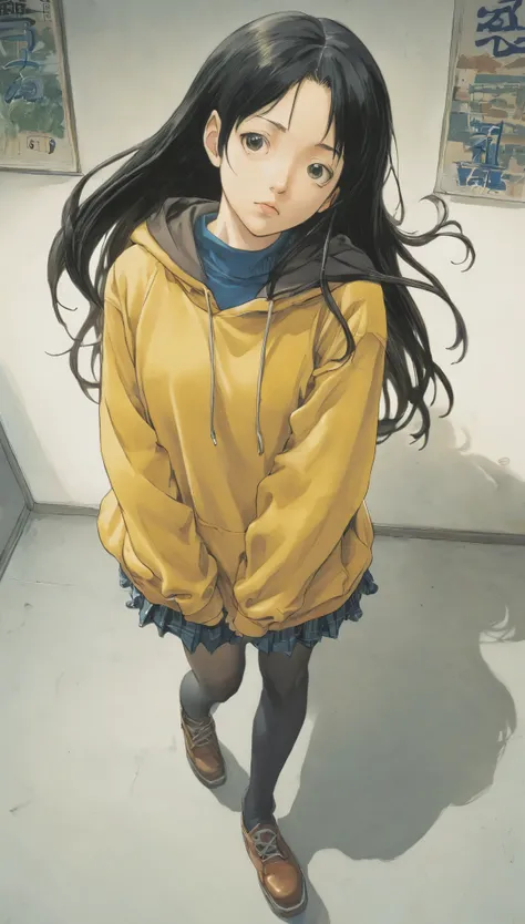 Naoki Urasawa、Beautiful girl、Highest quality、masterpiece、Ultra high definition、Japanese、Yellow hoodie、high school girl、Long Hair、Black Hair、8k