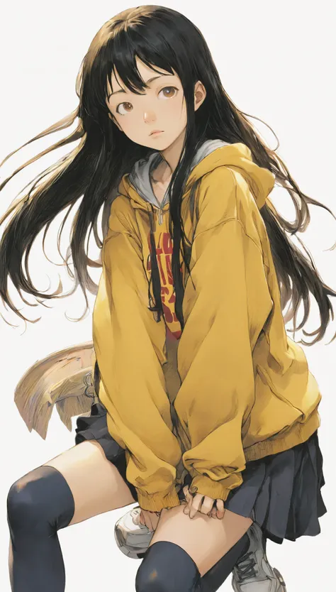 Naoki Urasawa、Beautiful girl、Highest quality、masterpiece、Ultra high definition、Japanese、Yellow hoodie、high school girl、Long Hair、Black Hair、8k