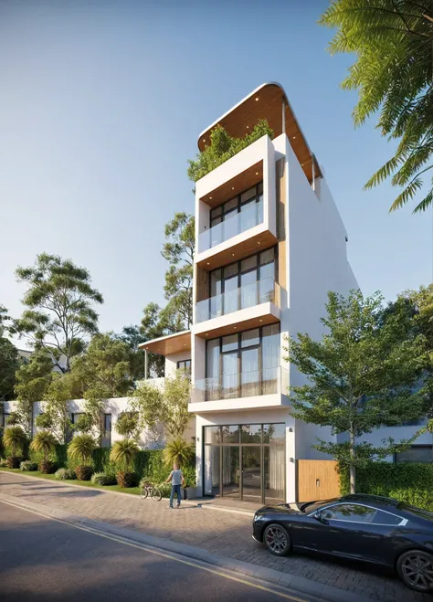 townhouse, Led light, spotlight out door, (modern style:1.2), (Open roof to see the sky), exterior design, perspective view, (open roof), Pavement, alphalt streets road, (next door neighbors house), (dawn light sky background), Low trees around the house, ...