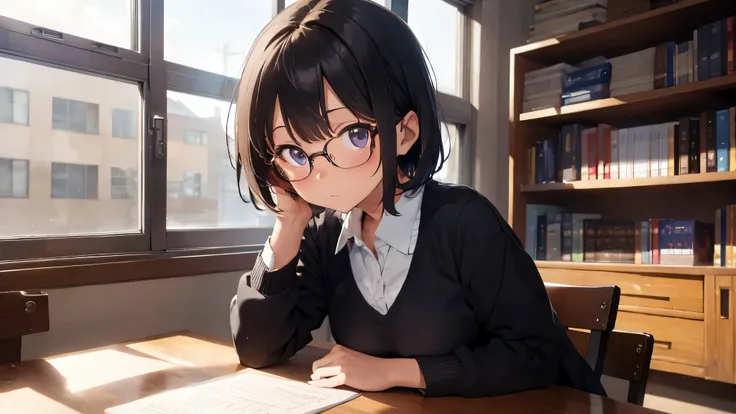 ​masterpiece, top-quality, High-quality images, high resolution, 8K, 1 student, detailed, Detailed eye depiction, skin gloss, school uniform, large breast, Lustrous hair, Black short-haired, disheveled hair, Round glasses, Narrow old room, many bookshelves...