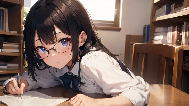 ​masterpiece, top-quality, High-quality images, high resolution, 8K, 1 student, solo, detailed, Detailed eye depiction, skin gloss, school uniform, large breast, Lustrous hair, Black short-haired, disheveled hair, Round glasses, Narrow old room, many books...