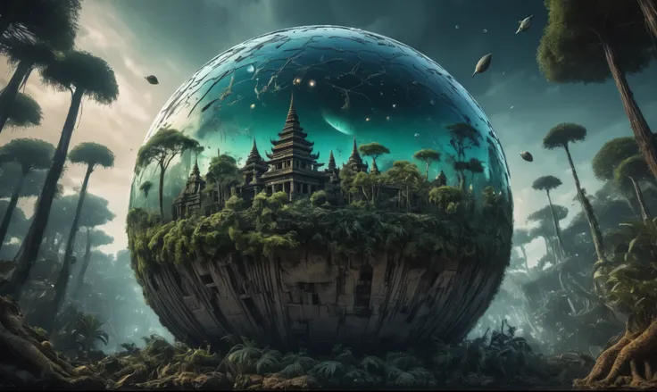 Glass sphere, close-up of a planet with a bunch of trees on it, overgrown planet, green planet, Fractal World, A lush world of fantasy, fantasy planet, Dyson sphere,  planetary landscape, round planet inspired by Jofra Bosschart, planet, Future World, psyc...