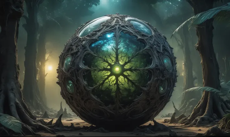 (Glass sphere, close-up of a planet with a bunch of trees on it, overgrown planet, green planet, Fractal World, A lush world of fantasy, fantasy planet, Dyson sphere,  planetary landscape, round planet inspired by Jofra Bosschart, planet, Future World, psy...