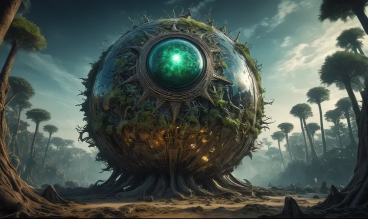 (Glass sphere, close-up of a planet with a bunch of trees on it, overgrown planet, green planet, Fractal World, A lush world of fantasy, fantasy planet, Dyson sphere,  planetary landscape, round planet inspired by Jofra Bosschart, planet, Future World, psy...