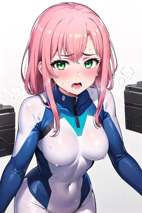 1girl,Samus aran,solo,green eyes, pink hair, forehead   hair, white zero suit,white body suit,purple stripes,cowboy shot,blush,,Science fiction,ultra-detailed,sharp focus,aesthetic,(best quality), white background, BRAKE (sweat:1.5), (steam:1.2),    (looki...