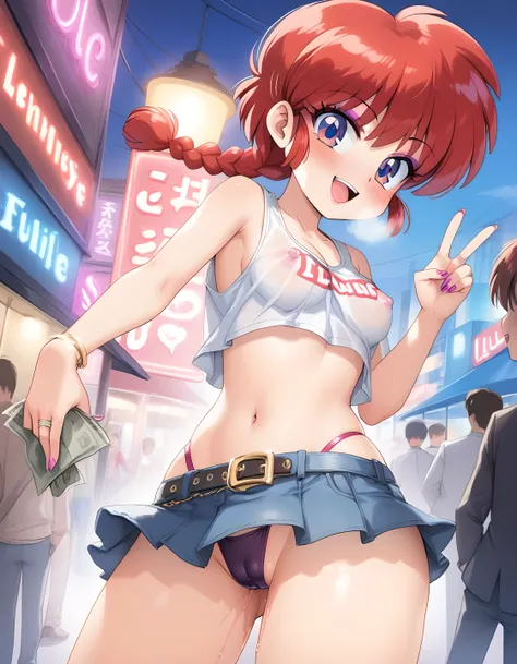 1girl, background, (ranma-chan), blush, red hair, medium breasts, tomboy, one short pigtail, nighttime, hot breath, open mouth, dimmed lighting, standing, city, big ass, wide hips, toned body, wearing slutty prostitute outfit, micro skirt, midriff, prostit...