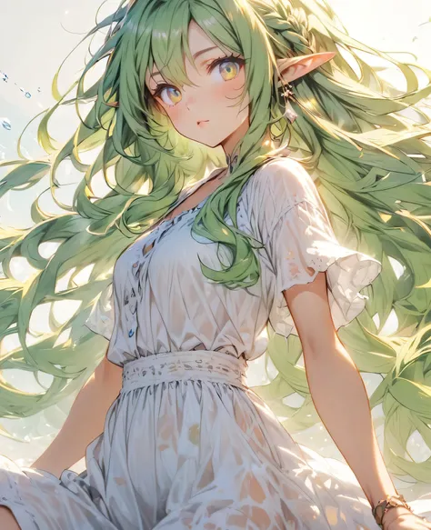 Green Hair　Long Hair　Elf　Light clothing　summer　whole body