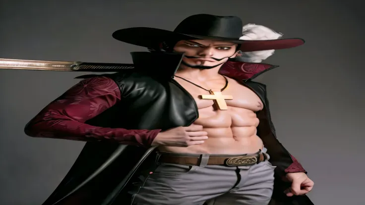 masterpiece, Highest quality, High resolution, scenery, anime_upon_Dracul_Mihawk_myself,www.myself.and,One person,Have,Facial hair,jewelry,beard,necklace,Abdominal muscles,Black Hair,Yellow Eyes,belt,moustache,coat,Muscular,pants,Pectoral muscle,Open cloth...