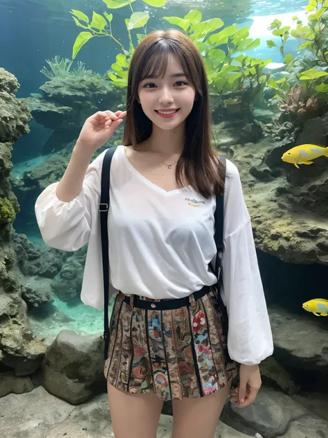 1girl, solo, highres, best_quality, masterpiece, detailed_background, intricate_details, beautiful, okinawa, churaumi_aquarium, marine_life, casual_clothes, smile, looking_at_viewer, dynamic_pose, natural_pose, candid, happy