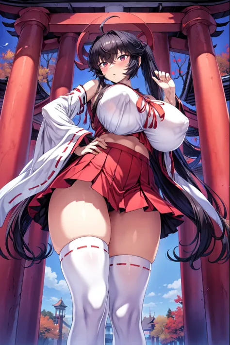 masterpiece, Highest quality,1girl,solo、moving,large breasts,official、(miko:1.5,Red mini skirt、White knee socks)、Ahoge、Long Ponytail、Very long hair、black eye、RAW Color,Clear images、dark color、tall、Narrow eyes、(Autumn Shrine、Red pillar) 、(Nipple shape from ...