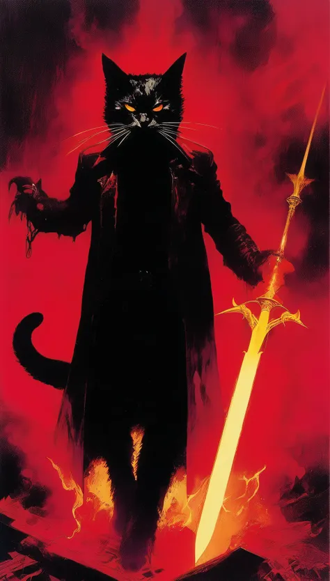 Satan Cat (Bill Sienkiewicz&#39;s artistic inspiration). painting,(thick texture oil paint，Giant satan silhouette behind cat，Glowing inverted cross pendant，:1.8),