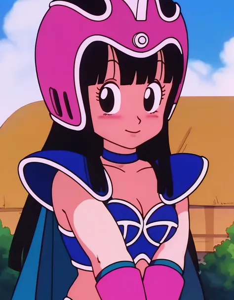 source_anime, score_9, score_8_up, score_7_up, anime screencap,8k, absurdres,
chi-chi, aged down, blue outfit, female , 1girl, long hair, looking at viewer, smile, bangs, black hair, collarbone, upper body, outdoors, sky, pink headwear, blunt bangs, armor,...