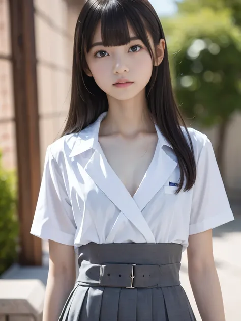 High resolution、High resolution、In 8K、RAW Photos、Highest quality、masterpiece、18-year-old girl, (Flat chest like:1.2), ((Skinny body:1.2)),  Wavy Hair,, Anatomically correct、bangs、Waist、thigh、Japanese high school uniform、school uniform