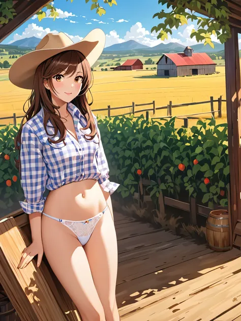 There is a woman with a cowboy hat and straight brown hair, checkered shirt, white lace thong panties, posing fror a picture, the rural areas, western cowgirl, on a farm, legs slightly crossed, exposed belly, exposed hips, exposed legs