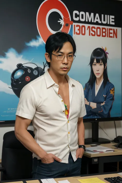 front view, full-body, standing pose, solo, 1 man ,Japanese man, code name L, staff of M , 30 age-old, (black hair, black eyeglass, serious),middle body, lough style fission, (a colorful  aloha shit: 1.3), denim breech, sandal, ((Japanese anime character ,...