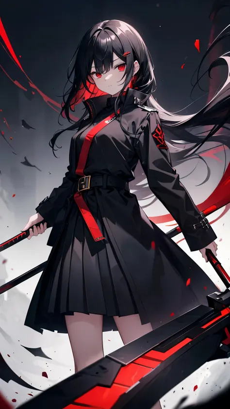 Black straight hair,He is wearing a long black coat over a black shirt　Wearing a black pleated skirt　Between the skirt and shirt is a black belt with gold hardware.　Red eyes　In his right hand he holds a scythe with a metallic red blade