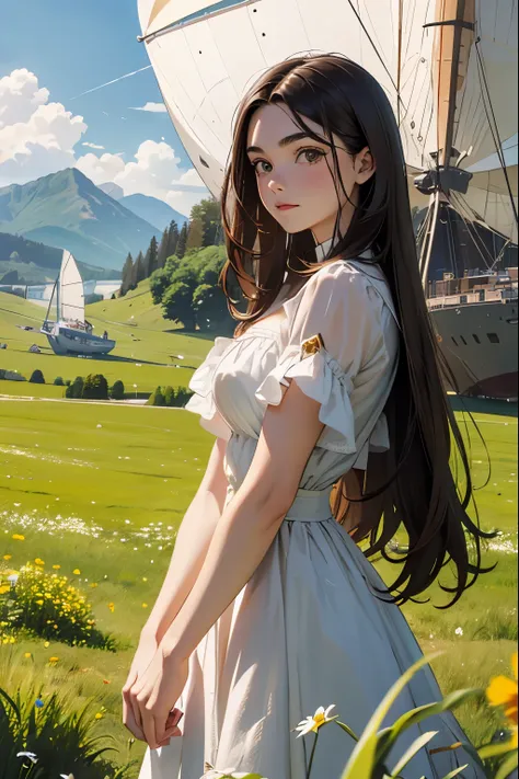 master piece, 18 years old, young girl, dark brown long hair, posing in front of full view of airship floating. meadow with moun...