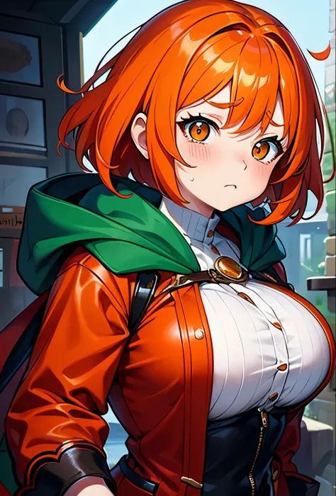 orange hair, 1girl, puffy cheeks, chubby cheeks, big breast, red coat, green clothes, fantasy, scared face, tears, long coat, ho...