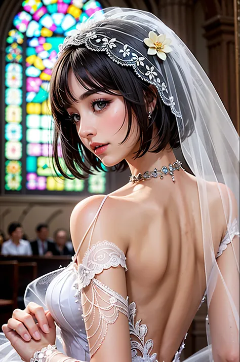 1 woman, alone, Short hair, wearing a wedding dress, bridal veil, Inside the cathedral, see one&#39;s back, Tattoo on the back, Many tattoos, (big ass: 1.2), big bust, holding a bouquet., developed back muscles, skinny abdomen,buttocks are slightly visible...