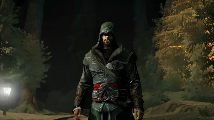 the mystic night stalker male character, called 'the twilight stalker', has a short beard and glowing white eyes in the dark lik...