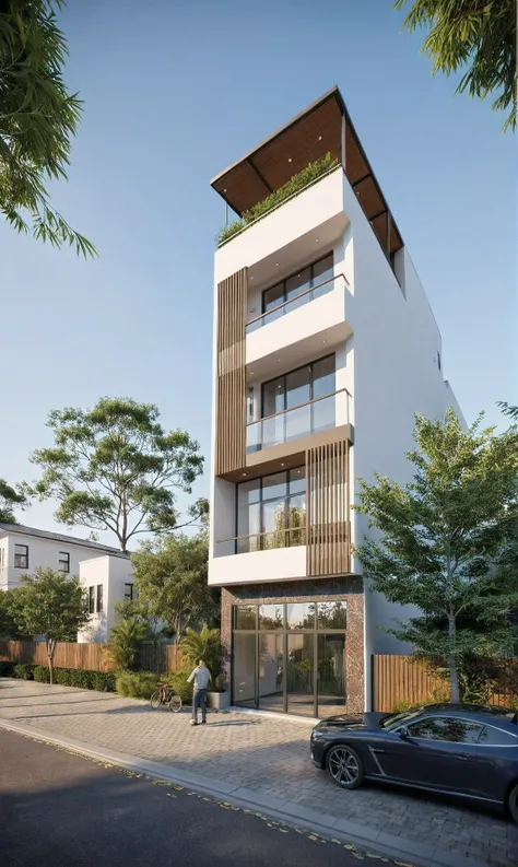 townhouse, Led light, spotlight out door, (modern style:1.2), (Open roof to see the sky), exterior design, perspective view, (open roof), Pavement, alphalt streets road, (next door neighbors house), (dawn light sky background), Low trees around the house, ...