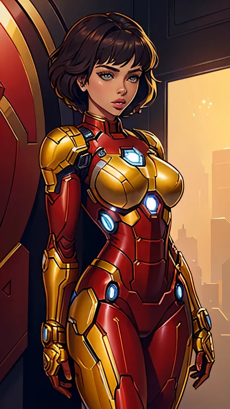 Scarlett Johansson as Riri Williams in Iron Man armor: Mark XLIX Rescue Armor, Detailed costume design, suit colors, vinous, black and gold