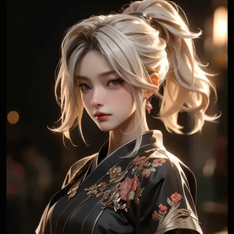 ((best quality)), ((Masterpiece)), (details:1.4), 3d, HDR (high dynamic range), amature woman, Blonde hair, High Ponytail, Red eyes, hips up, จมูกโด่ง, ปากแดง, หน้าอกใหญ่, nvidia RTX, PBR surface, After processing, Anisotropic filtration,depth of field, Ma...