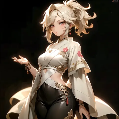 ((best quality)), ((Masterpiece)), (details:1.4), 3d, HDR (high dynamic range), amature woman, Blonde hair, High Ponytail, Red eyes, hips up, จมูกโด่ง, ปากแดง, หน้าอกใหญ่, nvidia RTX, PBR surface, After processing, Anisotropic filtration,depth of field, Ma...