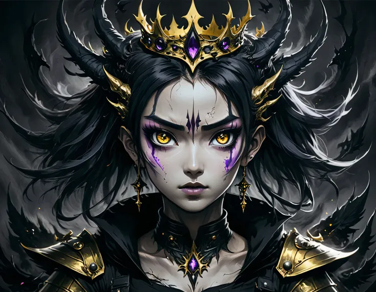 (((black charcoal sketch)))Manga, Surreal horror style by clive barker,surreal abstract art, crown on her head, gold crown, black purpple aura on her back, with asian girl, Girl,crazed demonic realm of madness,weirdcore,depth of field,unsettling,asymmetric...