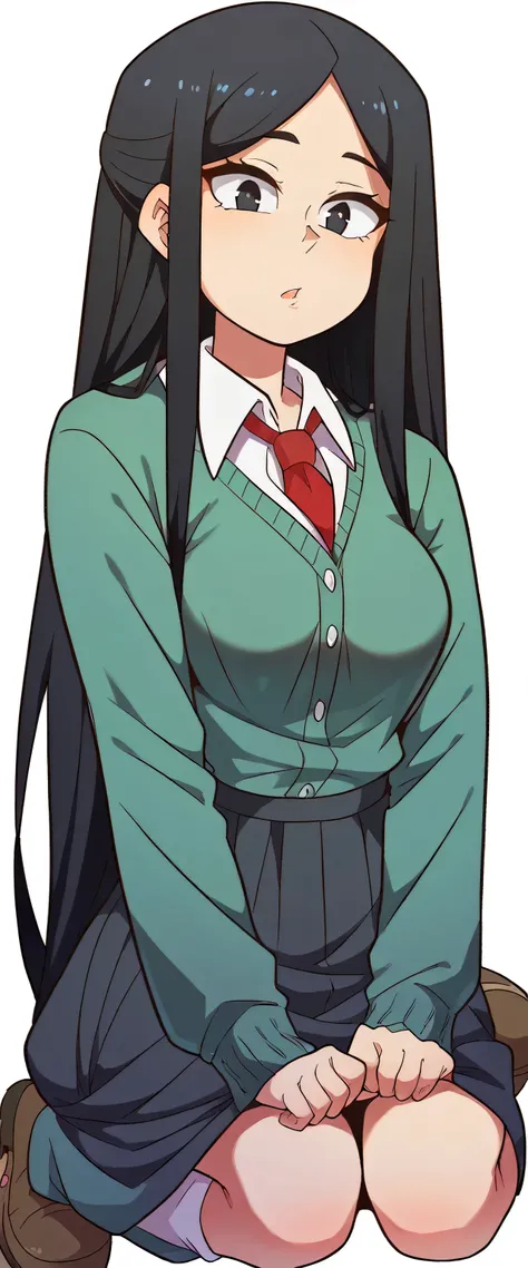 A cute girl attractive big breast beautiful beautiful long black hair loose her black eye soft cheek wears a white button down shirt underneath long sleeve green sweater red tie collar and a light black skirt watery white socks brown shoe 