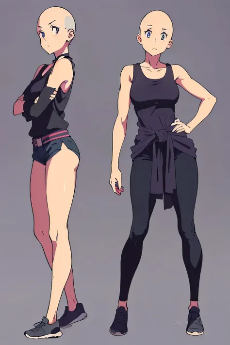 full body anime base draw style, bald, standing front, character female, both hands on waist looking at viewer, purple eyes, black tank top, grey background.
