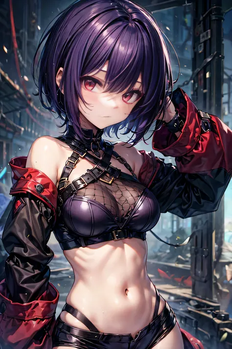 Dark purple hair, short hair, dark red eyes, ((Cool girl)), slim stomach, medium breasts