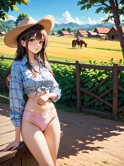 There is a woman with a cowboy hat and straight brown hair, long plaid shirt, light pink panties, posing fror a picture, the rural areas, western cowgirl, on a farm, legs slightly crossed, exposed hips, exposed legs, cowboys and horses in the background, b...