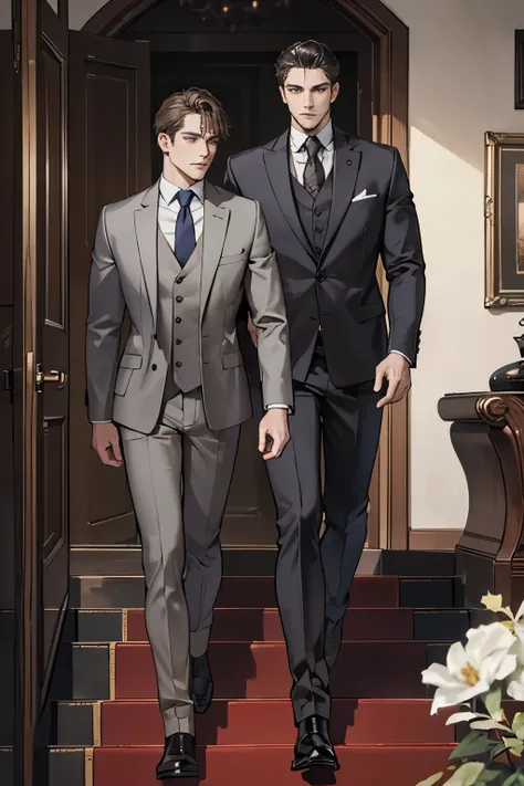 ((best quality)), ((masterpiece)), (detailed), A handsome man in a brown gray suit,A bodyguard in dark clothes,Two people walked up the stairs of the villa to the living room,Perfect face perfect hands