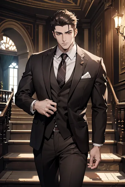 A handsome man in a brown gray suit, a bodyguard in dark clothes, two people walked up the stairs of the villa to the living room, perfect face, perfect hands, (best quality, 4k, 8k, highres, masterpiece:1.2), ultra-detailed, (realistic, photorealistic, ph...