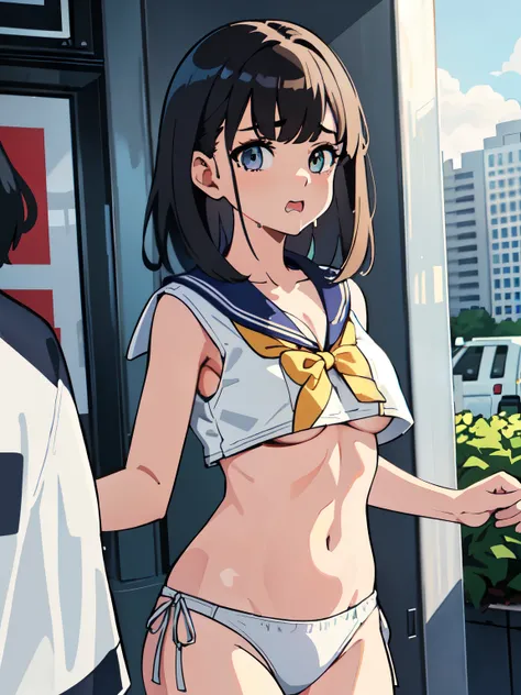 best quality, masterpiece, 1 girl, (drooling:1.4), (medium hair with bangs:1.3), wearing a summer sailor uniform over white bikini, (small breast, cleavage, underboobs:1.3), (metro station:1.2), lively, bustling