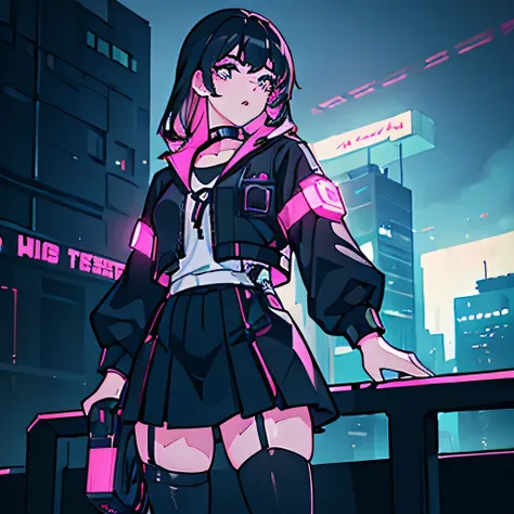 1girl, young, beautiful detailed eyes, beautiful detailed lips, extremely detailed face and eyes, small chest, looking at viewer, standing up, sideways, long black hair with pink ends, white t-shirt, black jacket, black skirt, thigh highs, city, night, dar...