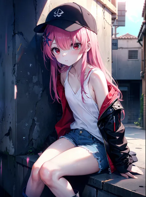rezeroRam, Ram, Hair Flower, hair ornaments, Hair on one eye, Pink Hair, (Red eyes:1.5), Long Hair, x hair ornaments, bangs,Baseball cap, (Flat Chest:1.2),Riders jacket Front opening,Blue V-neck T-shirt,Short denim,White tights,short boots,sitting leaning ...