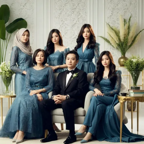 Studio photography, close up, Indonesia, 6 members, father wearing black suit, and mother hair in bun aged 60, sitting on the chair, standing behind there is four women long hair aged 30, all wearing formal luxury modern blue DRESS yang sama dan selaras, i...