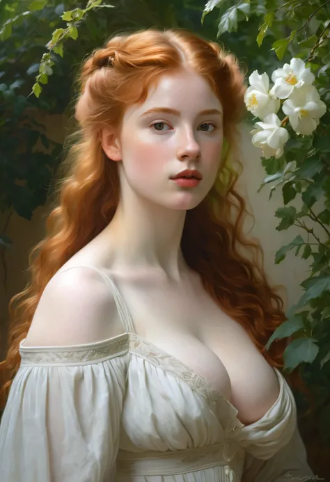 painting of a pale skin muscular 18 year old redhead girl with huge breasts in a classical setting, featuring intricate details in her delicate facial features, graceful posture, and soft flowing hair, surrounded by lush greenery and soft dappled light, in...