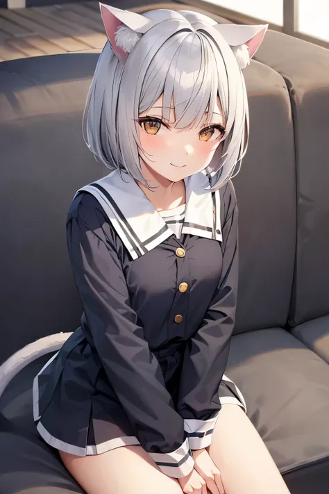 Cat ear,Gray Hair,Bob,Girl,Sailor suit,smile,sofa,throw oneself down,top quality,
