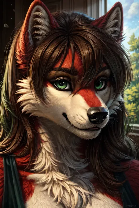 ((Best quality)), ((masterpiece)), (detailed), perfect face, fluffy, an anthro wolf, red fur, dark brown hair, dark green eyes, 