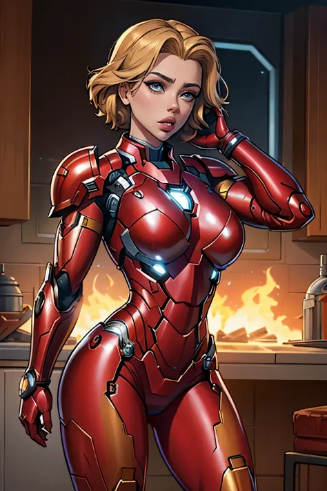 scarlett johansson in iron man armor: mark xlix rescue armor, detailed costume design