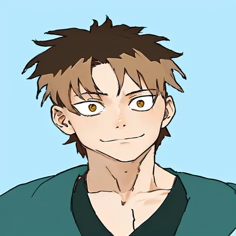 anime boy with brown hair and green shirt looking at camera, kentaro miura manga style, kentaro miura manga art style, aramaki shinji, shinji, in an anime style, kentaro miura!, anime style character, shinkai makoto, katsushika, young anime man, kentaro mi...