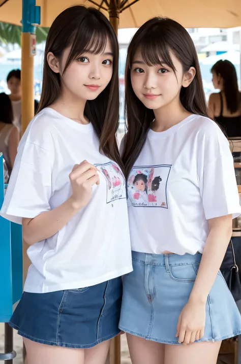 Two girls (21 years old, Japanese cute face) are wearing white Tshirts, mini skirt at the beach bar