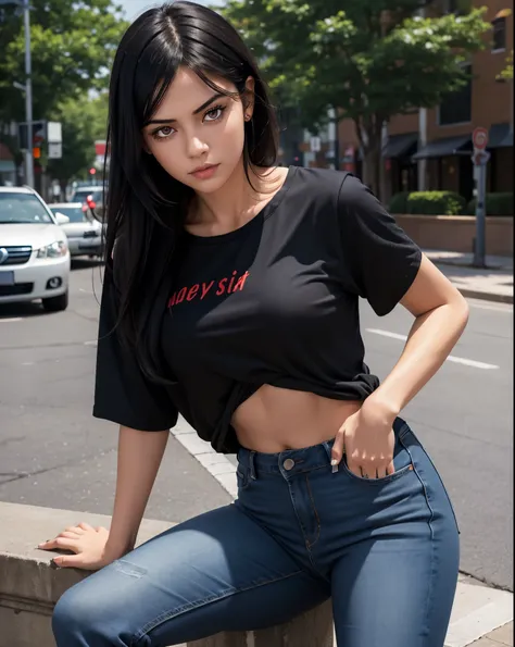 a sexy girl,  dark black hair, loose hair, red eyes, casual clothes, annoyed, head on, black shirt, blue jeans, pose sexy