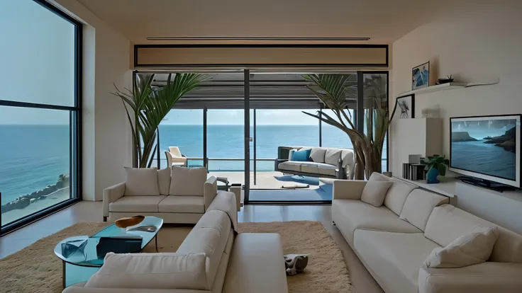 Alafid living room with sofa, coffee table, and a tv, Milton Menasco (Milton Menasco) concept art of, pixel baby, Minimalism, built around the ocean, Overlooking the sea, Sea view, beautiful interior, Next to the reflected ocean, cozy place, Comfortable an...